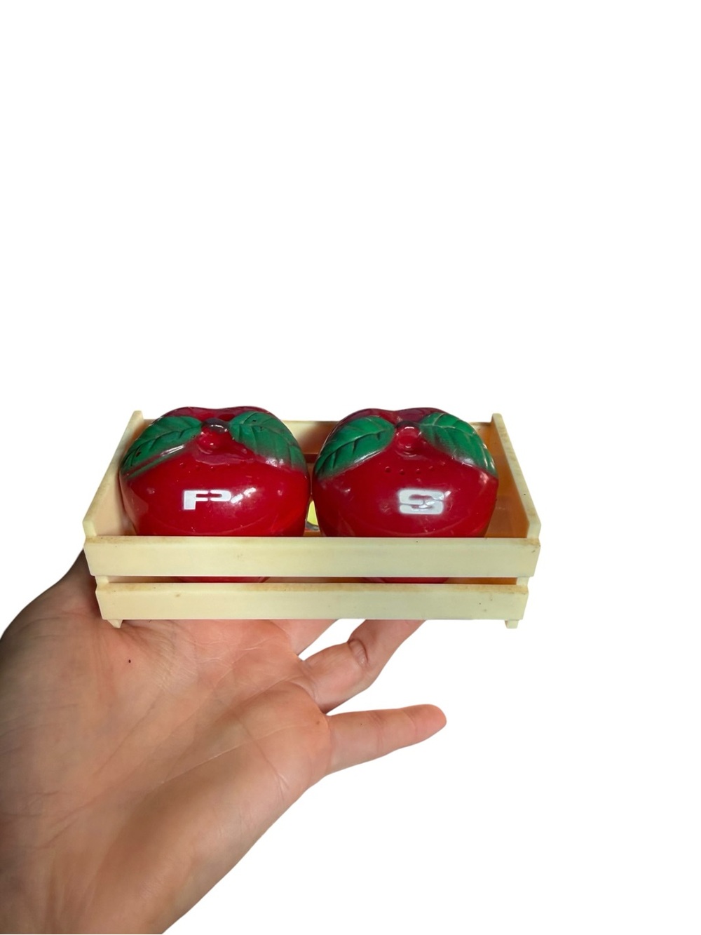 Vintage plastic Red Apples in crate S&P set